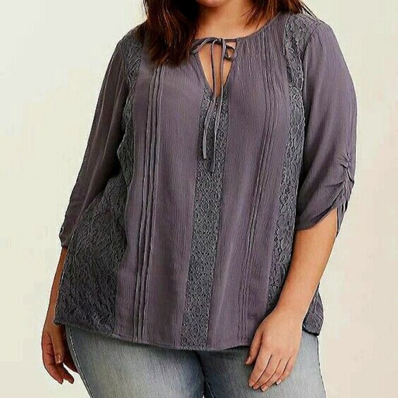 torrid Tops - 3x Torrid Grey Gauze and Lace Blouse
